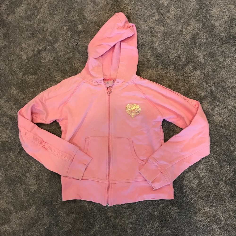 Pink zip up hoodie with sequin heart
